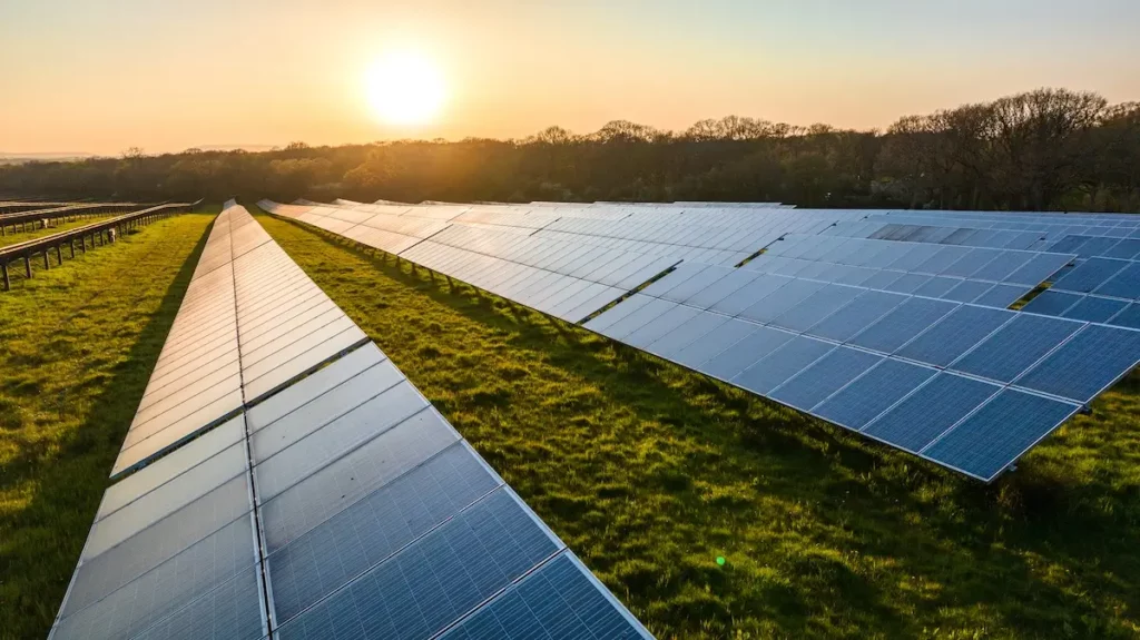 Rows of solar panels are arranged in a green field, reflecting sunlight as the sun sets on the horizon. Trees line the background, and the sky glows with warm golden tones.